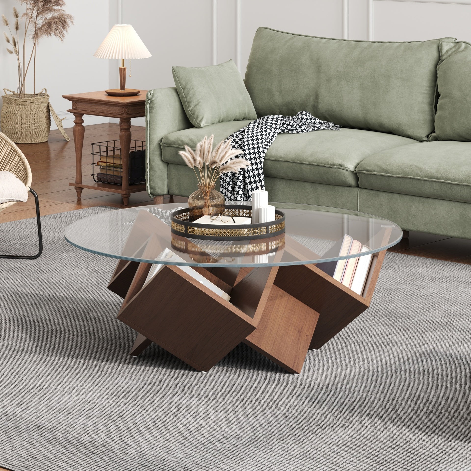 The Round Coffee Table with Glass Top and Geometric Abstract Art Deco Base Storage Shelves, Walnut, 35.4"