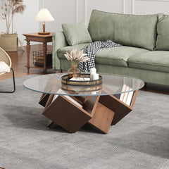 The Round Coffee Table with Glass Top and Geometric Abstract Art Deco Base Storage Shelves, Walnut, 35.4"