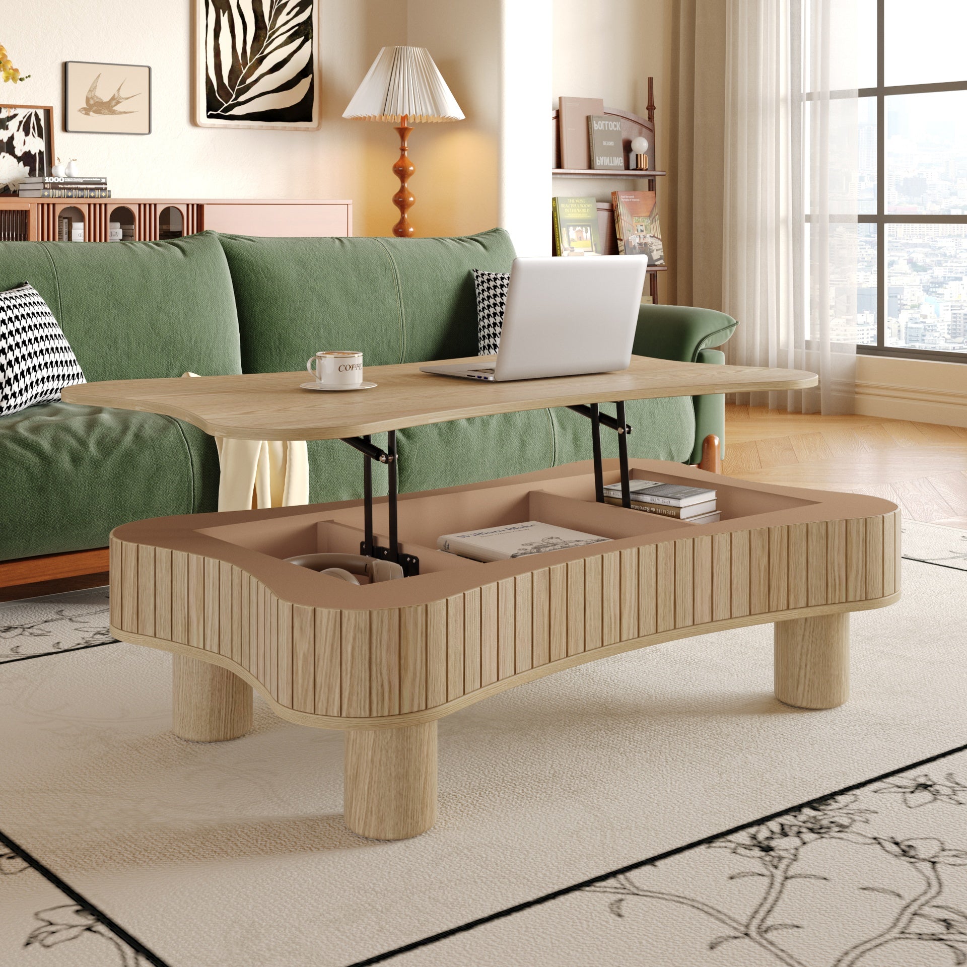 Lift Top Coffee Table for Living Room 42" - Fluted Panel Hidden Storage, Silent Hydraulic Lift, Curved Safety Corners, 5 Min Assembly (27"W x 13-18.9"H,Natural Wood)