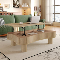 Lift Top Coffee Table for Living Room 42" - Fluted Panel Hidden Storage, Silent Hydraulic Lift, Curved Safety Corners, 5 Min Assembly (27"W x 13-18.9"H,Natural Wood)
