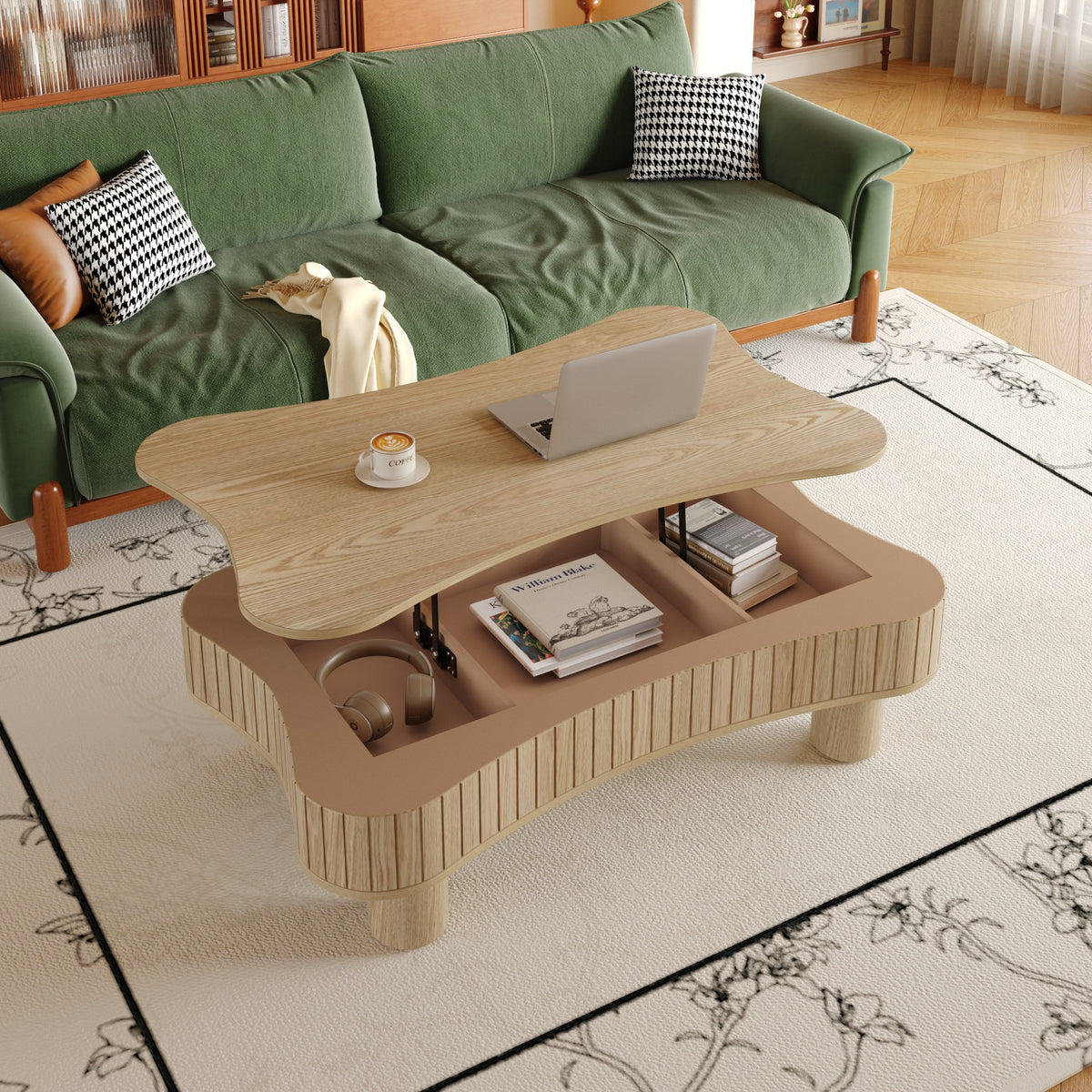 Lift Top Coffee Table for Living Room 42" - Fluted Panel Hidden Storage, Silent Hydraulic Lift, Curved Safety Corners, 5 Min Assembly (27"W x 13-18.9"H,Natural Wood)