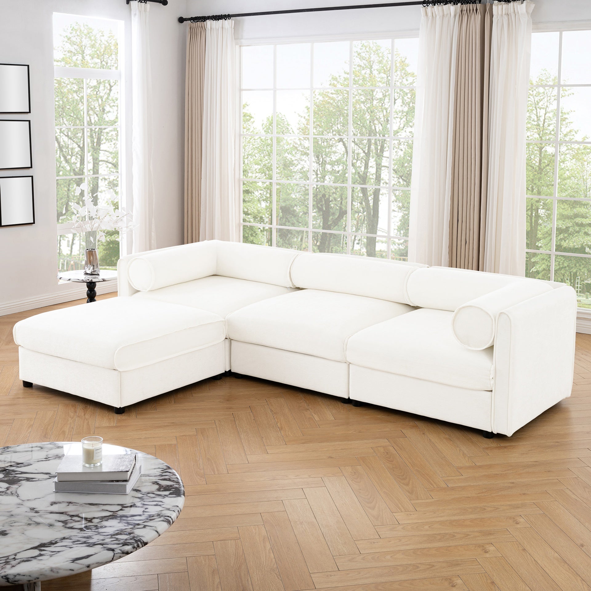 Elegant White Chenille  Sofa with Storage Seat and Ottoman, L-Shaped 3-Seater Cylindrical Backrest and Armrests, Contemporary 3-Seater Fabric Couch with Hidden Storage Compartment