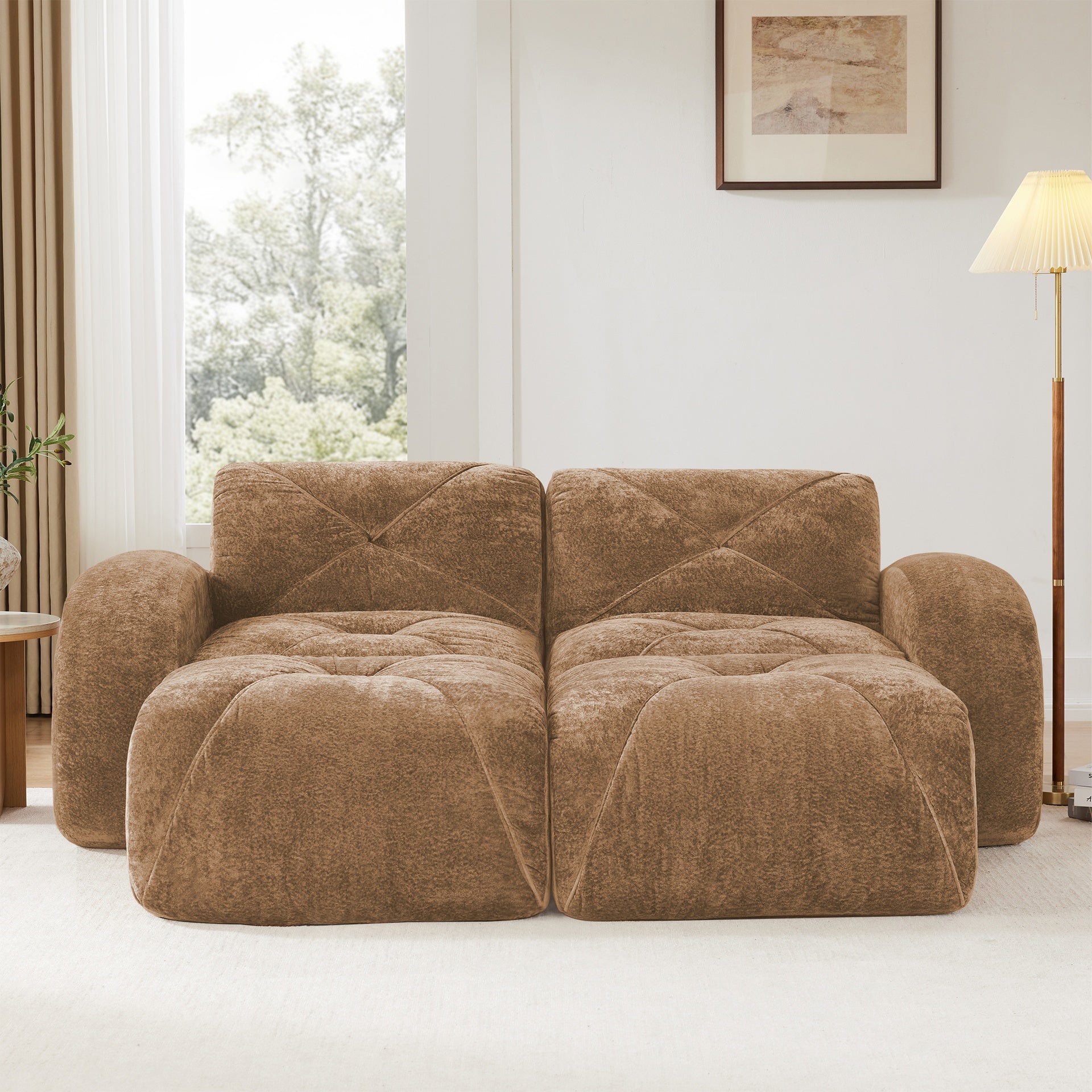 U-shaped Boneless Sofa,Soft Velvet Fabric,Tufted Design,32D High Density Sponge,No Assembly Required,Ergonomic Design Bottom, Anti-Slip Design,Movable Ottomans For Bedrooms,Camel
