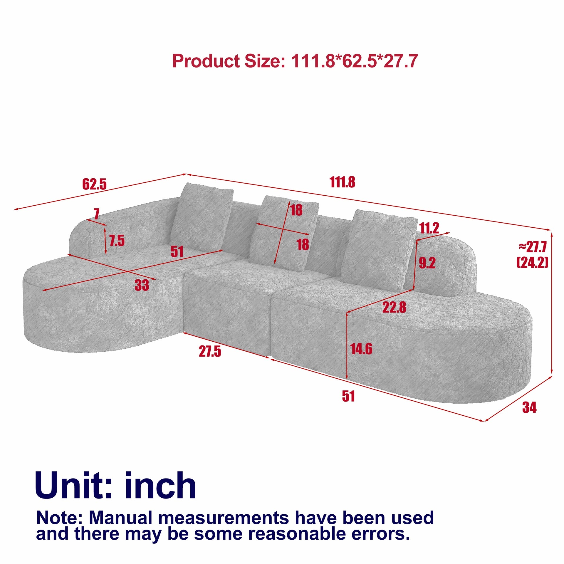 111.8-inch L-shaped curved modular sofa, modern design featuring lychee-textured long-pile polyester fabric, curved backrest with three pillows