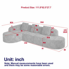 111.8-inch L-shaped curved modular sofa, modern design featuring lychee-textured long-pile polyester fabric, curved backrest with three pillows