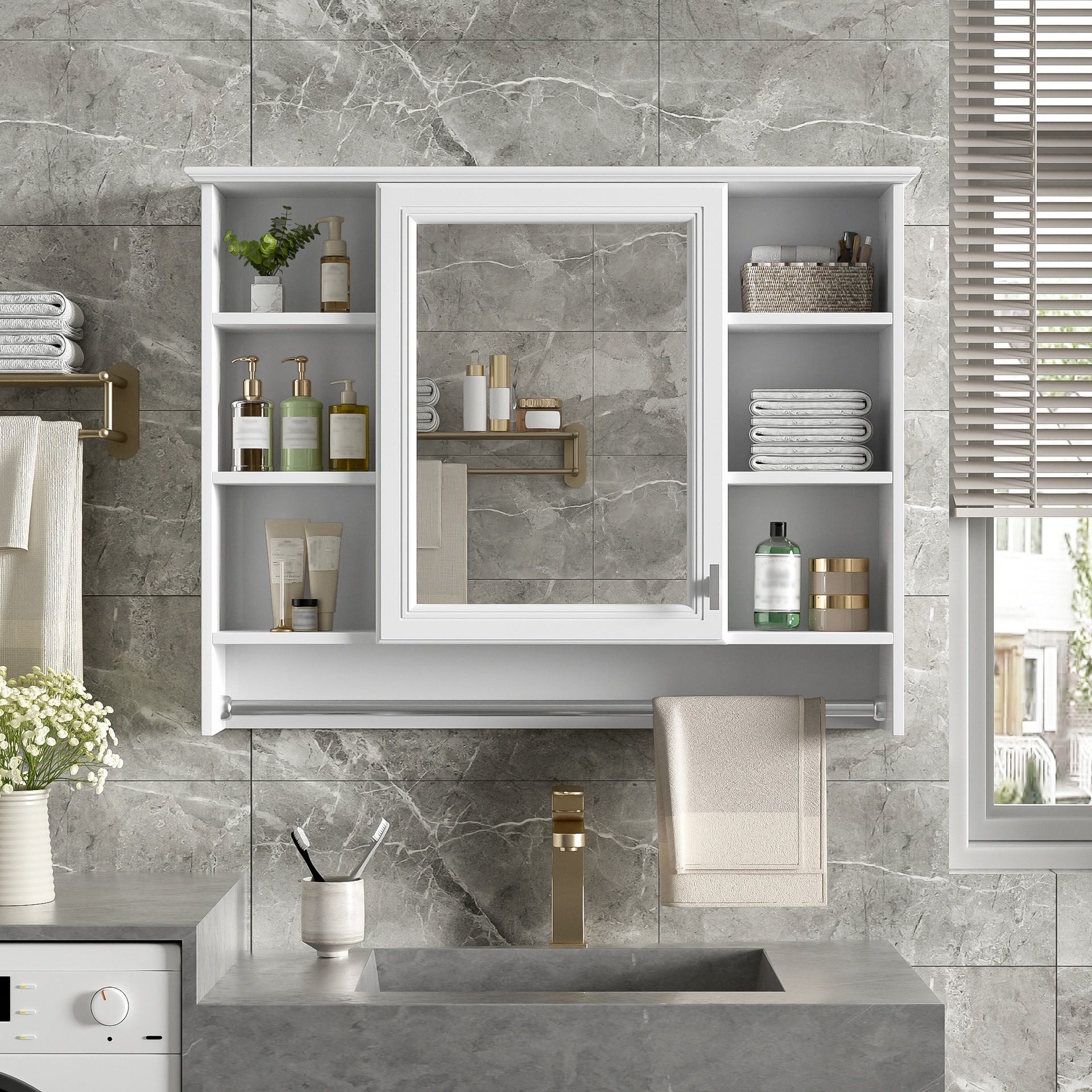 3-in-1 Bathroom Mirror Cabinet, 36-inch Wall Mounted Medicine Cabinet with Adjustable Shelf & Soft Close Door, High-Define Mirror with Storage for Bathroom Vanity