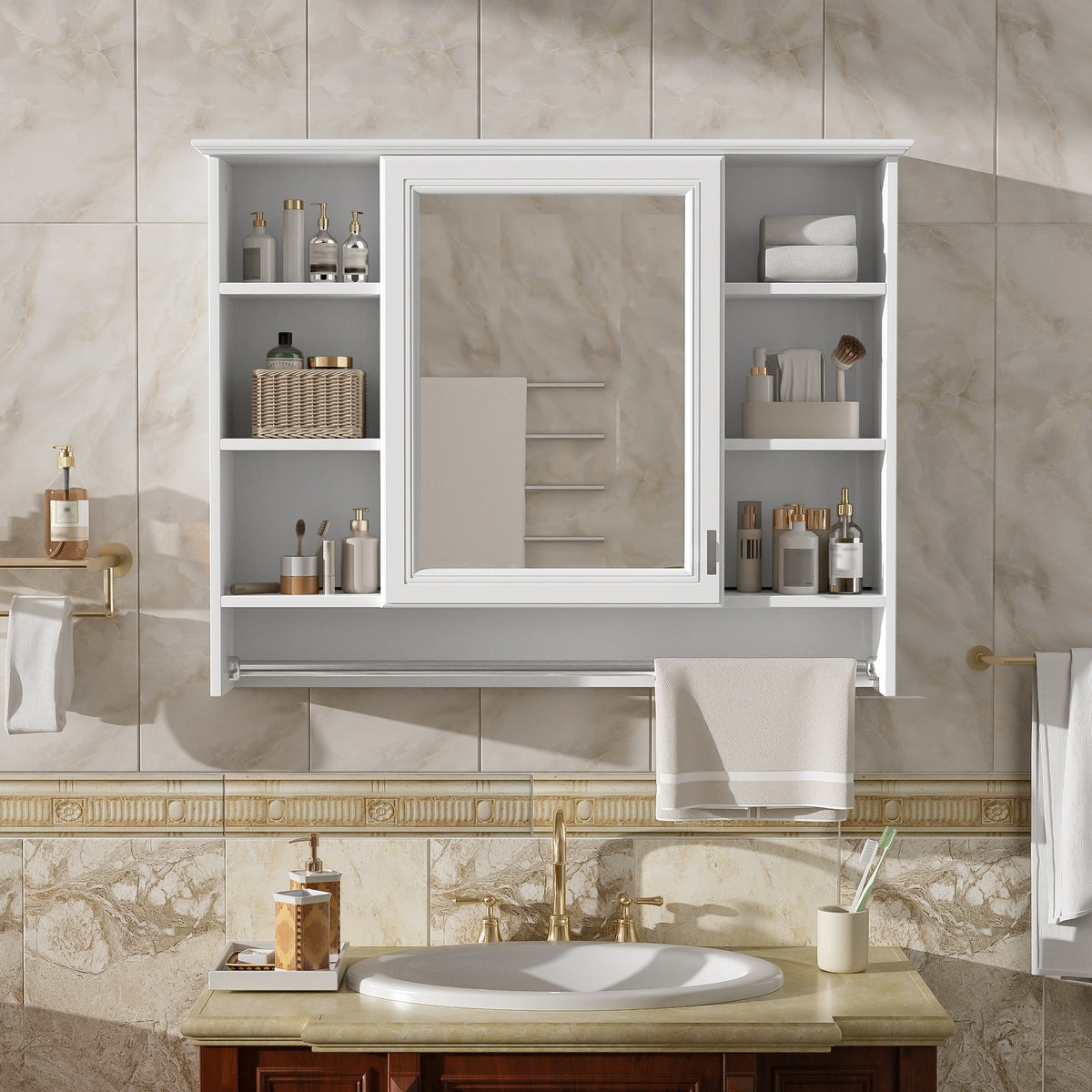 3-in-1 Bathroom Mirror Cabinet, 36-inch Wall Mounted Medicine Cabinet with Adjustable Shelf & Soft Close Door, High-Define Mirror with Storage for Bathroom Vanity