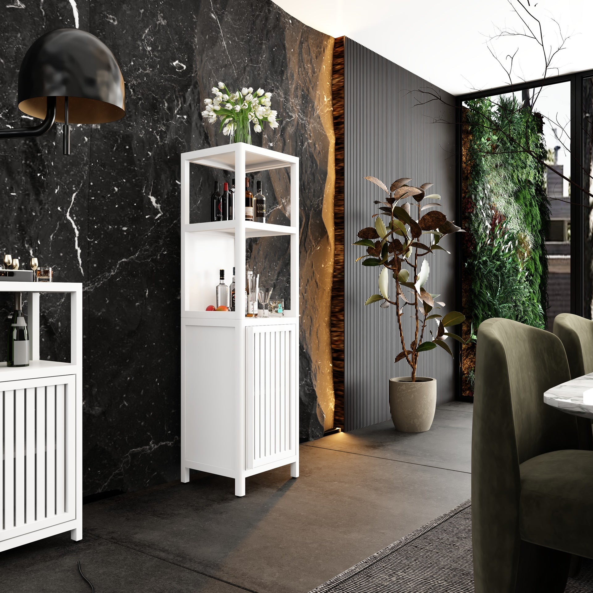 A 52-foot-tall white linen tower bamboo storage cabinet, suitable for main living spaces such as bathrooms, bedrooms, and living rooms.