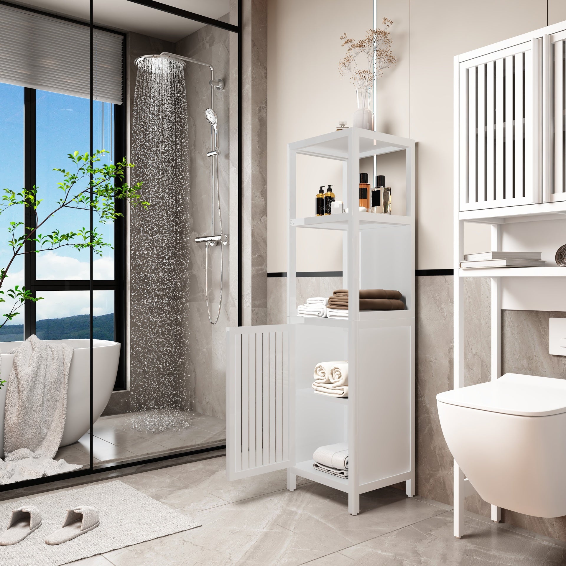 A 52-foot-tall white linen tower bamboo storage cabinet, suitable for main living spaces such as bathrooms, bedrooms, and living rooms.