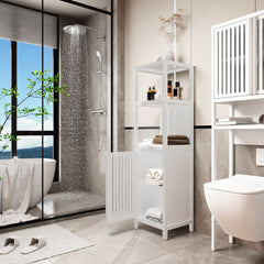 A 52-foot-tall white linen tower bamboo storage cabinet, suitable for main living spaces such as bathrooms, bedrooms, and living rooms.
