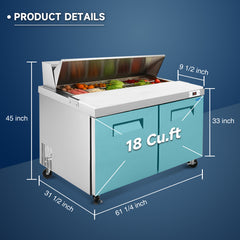 Orikool 60 IN Commercial Refrigerators Sandwich&Salad Prep Table with a Butcher Block Cutting Board, Protection Lid, Cold Storage, ETL Certified