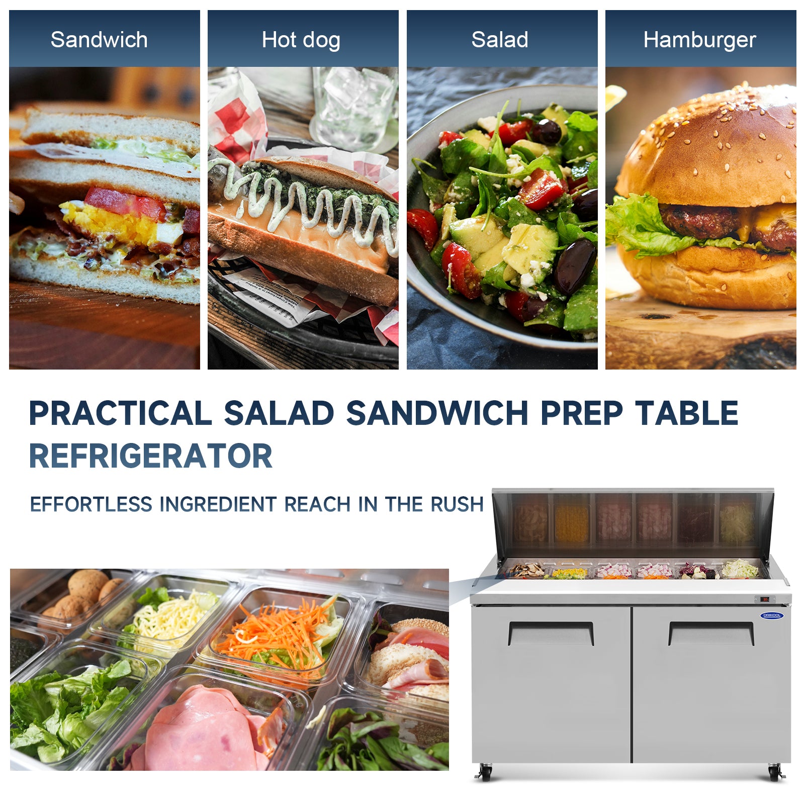 Orikool 60 IN Commercial Refrigerators Sandwich&Salad Prep Table with a Butcher Block Cutting Board, Protection Lid, Cold Storage, ETL Certified