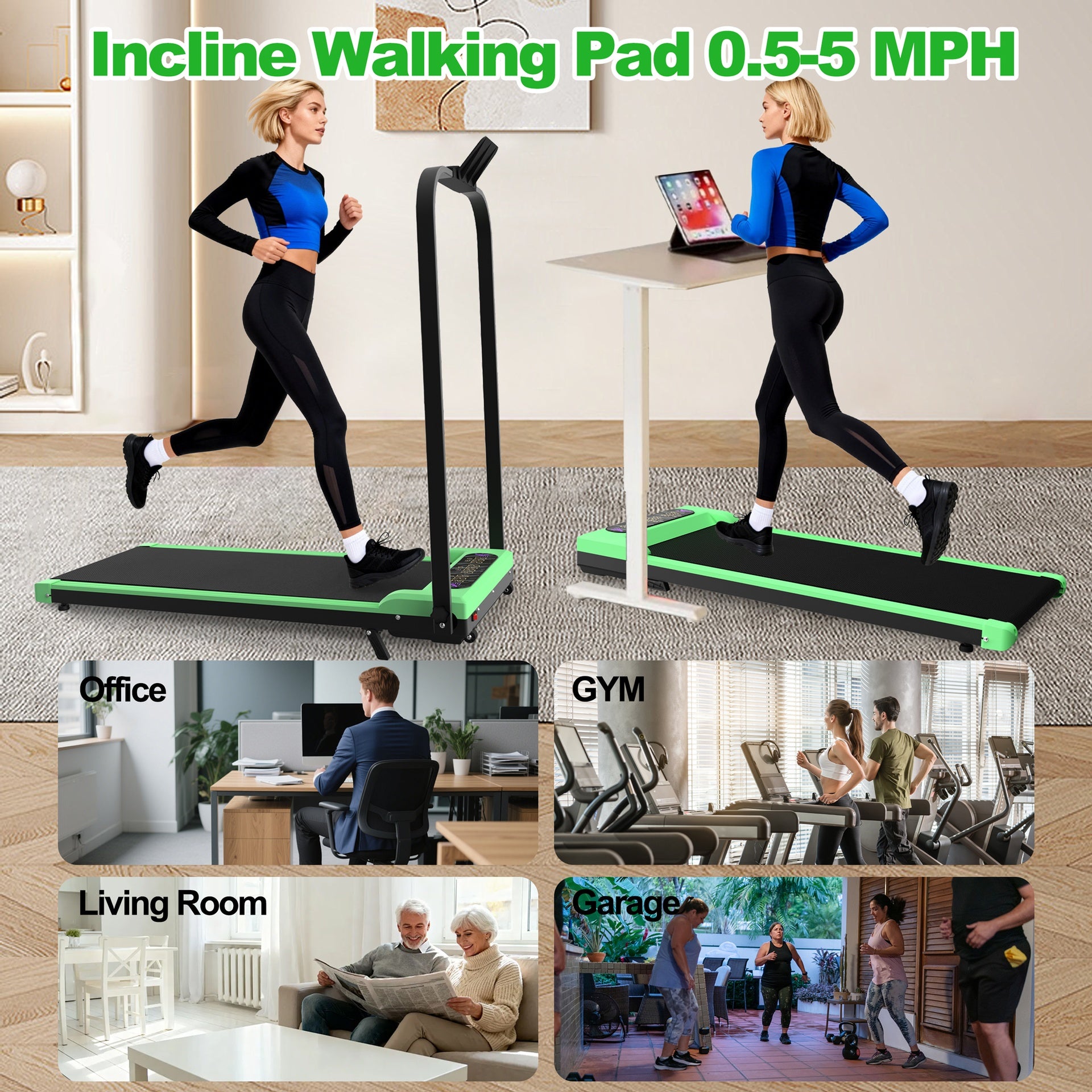 Foldable Treadmill with Handle Bar & Incline, 2 in 1 Upgrade Portable Under Desk Walking Pad and Vibration Pad with Remote Control for Home Office Small Spaces