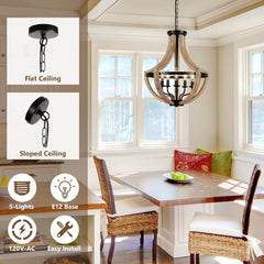 19" Farmhouse Chandelier Light Fixtures, 5-Light Dining Room Light Fixtures Over Table, Solid Wood Modern Chandeliers for Dining Room Living Room Kitchen Island Bedroom Foyer, Height Adjustable, Brown