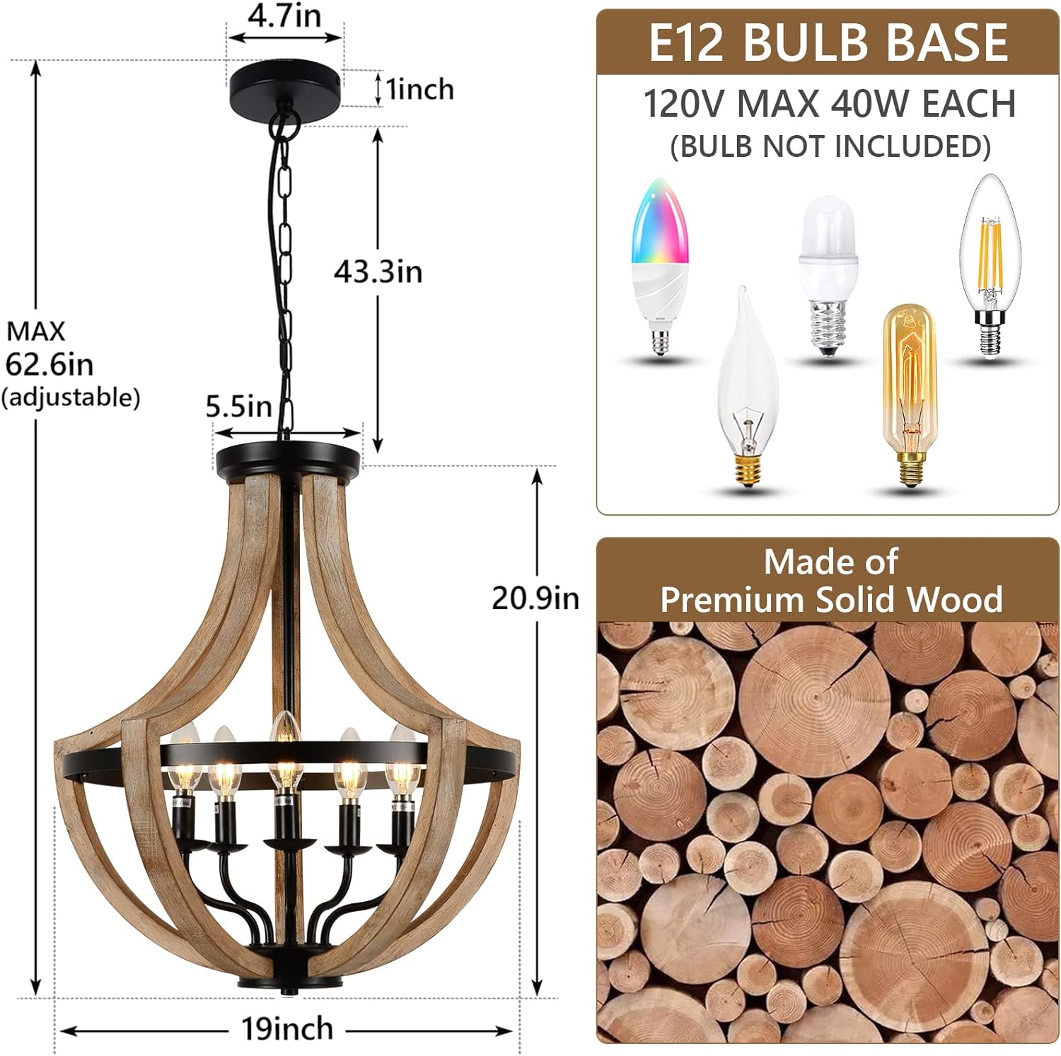 19" Farmhouse Chandelier Light Fixtures, 5-Light Dining Room Light Fixtures Over Table, Solid Wood Modern Chandeliers for Dining Room Living Room Kitchen Island Bedroom Foyer, Height Adjustable, Brown
