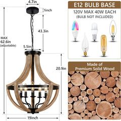 19" Farmhouse Chandelier Light Fixtures, 5-Light Dining Room Light Fixtures Over Table, Solid Wood Modern Chandeliers for Dining Room Living Room Kitchen Island Bedroom Foyer, Height Adjustable, Brown