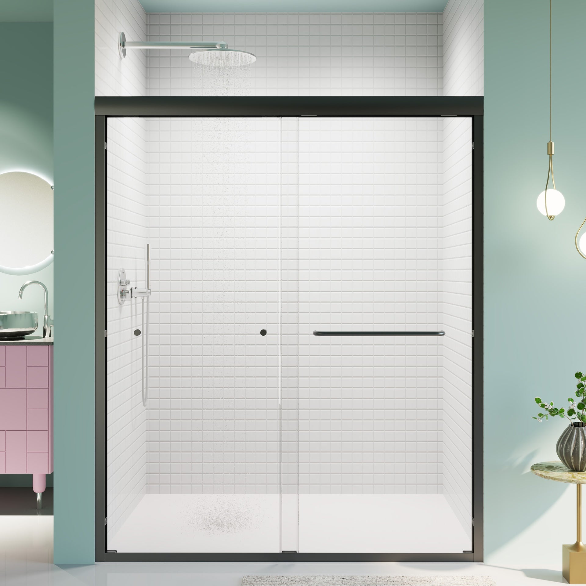 56"-60"W*72" H  Semi-Frameless Double Sliding Shower Door, Bypass Shower Door, 1/4" (6mm) Thick SGCC Tempered Glass Door,  Matte Black