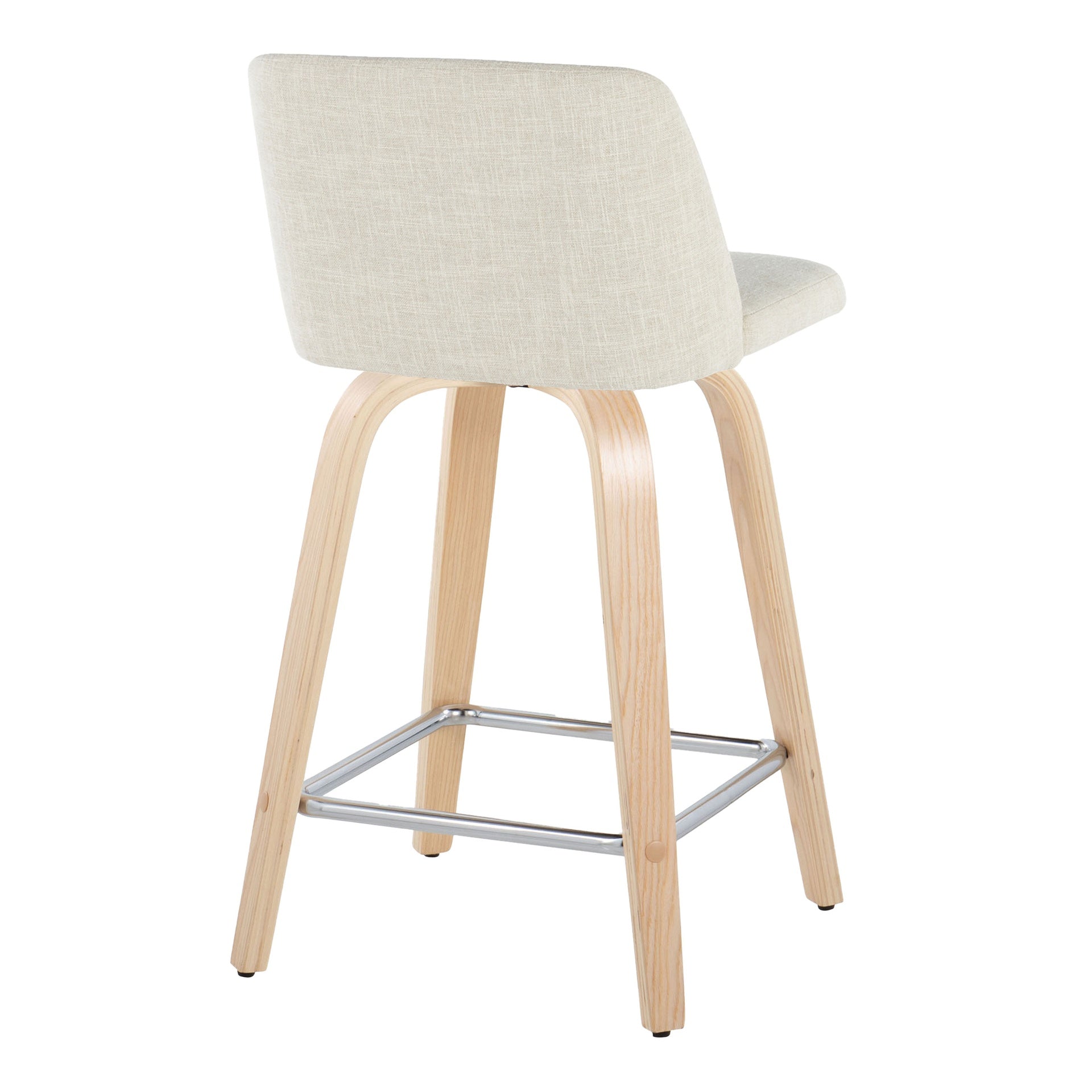 Toriano 24" Contemporary Fixed-Height Counter Stool with Swivel in Natural Wood and Cream Fabric with Square Chrome Metal Footrest by LumiSource - Set of 2