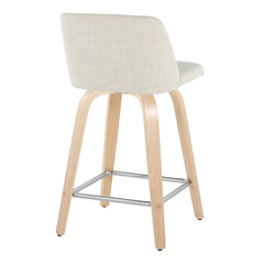 Toriano 24" Contemporary Fixed-Height Counter Stool with Swivel in Natural Wood and Cream Fabric with Square Chrome Metal Footrest by LumiSource - Set of 2