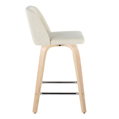 Toriano 24" Contemporary Fixed-Height Counter Stool with Swivel in Natural Wood and Cream Fabric with Square Chrome Metal Footrest by LumiSource - Set of 2