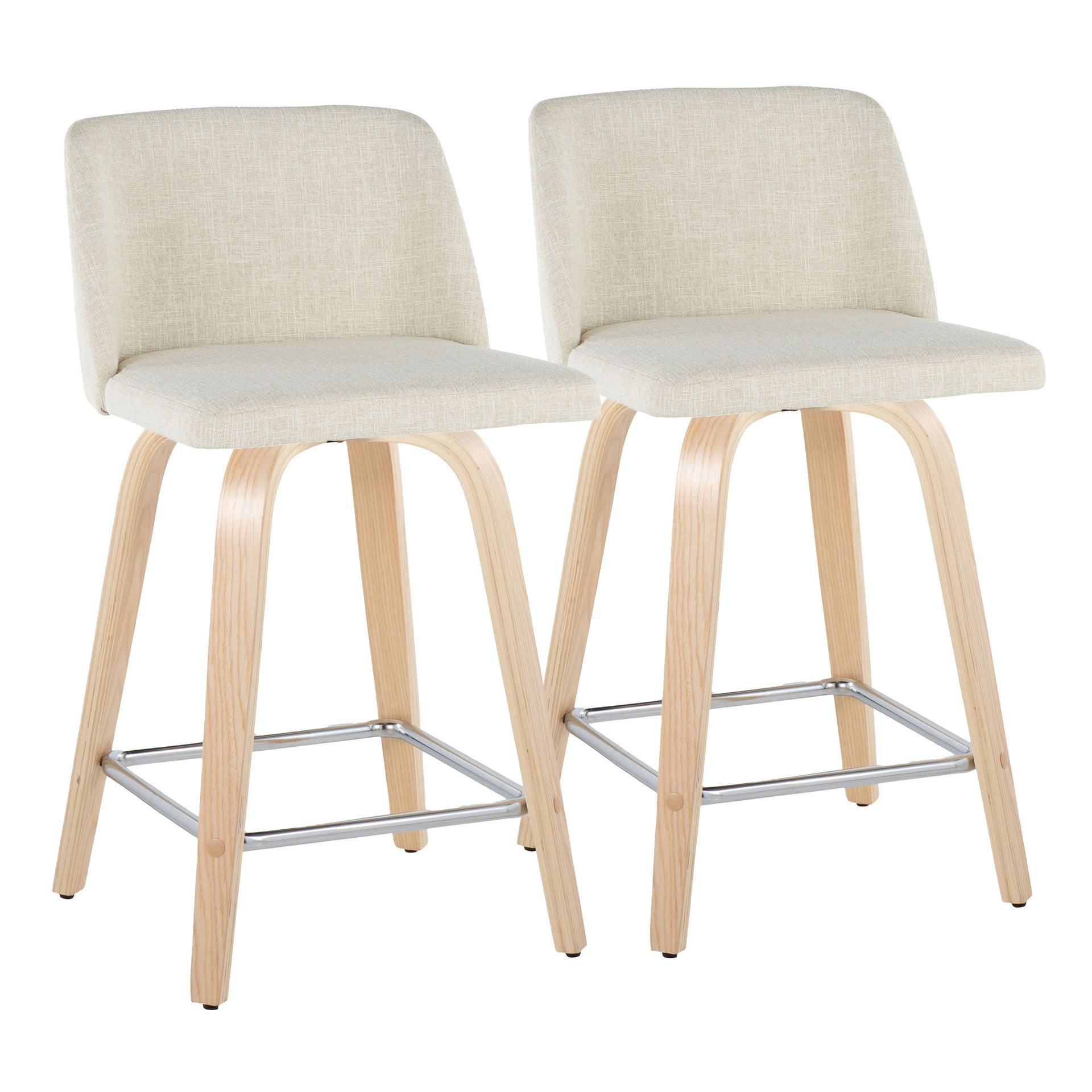 Toriano 24" Contemporary Fixed-Height Counter Stool with Swivel in Natural Wood and Cream Fabric with Square Chrome Metal Footrest by LumiSource - Set of 2