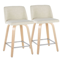 Toriano 24" Contemporary Fixed-Height Counter Stool with Swivel in Natural Wood and Cream Fabric with Square Chrome Metal Footrest by LumiSource - Set of 2