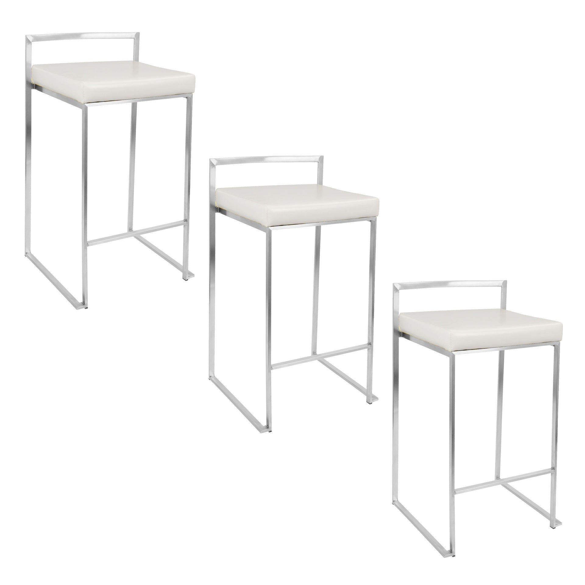 Fuji 26" Contemporary Stackable Counter Stool in Brushed Stainless Steel with White Faux Leather by LumiSource - Set of 3