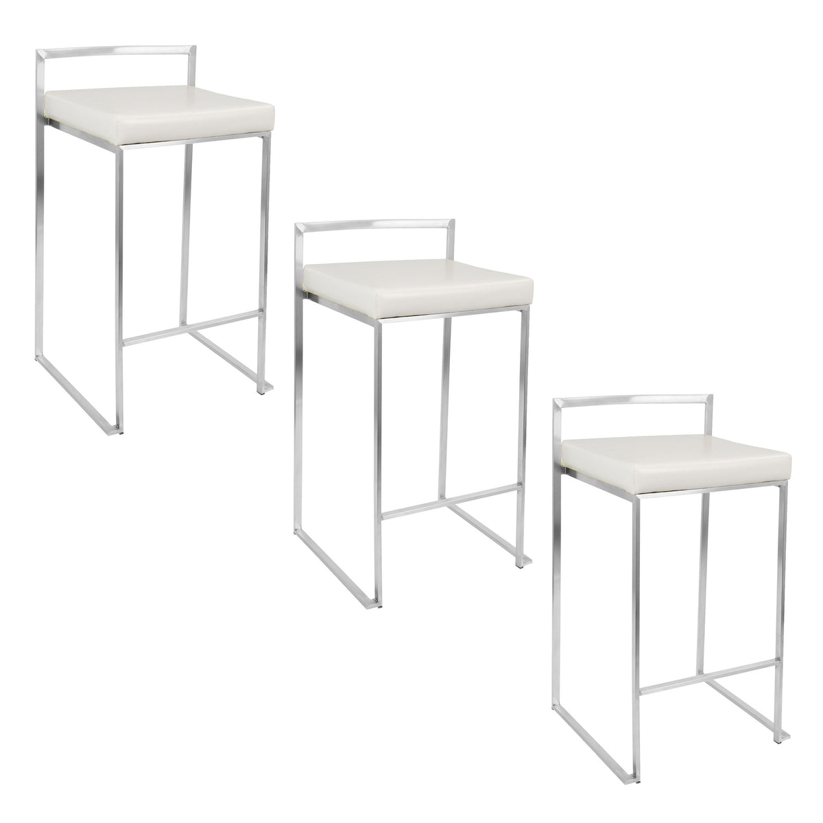 Fuji 26" Contemporary Stackable Counter Stool in Brushed Stainless Steel with White Faux Leather by LumiSource - Set of 3