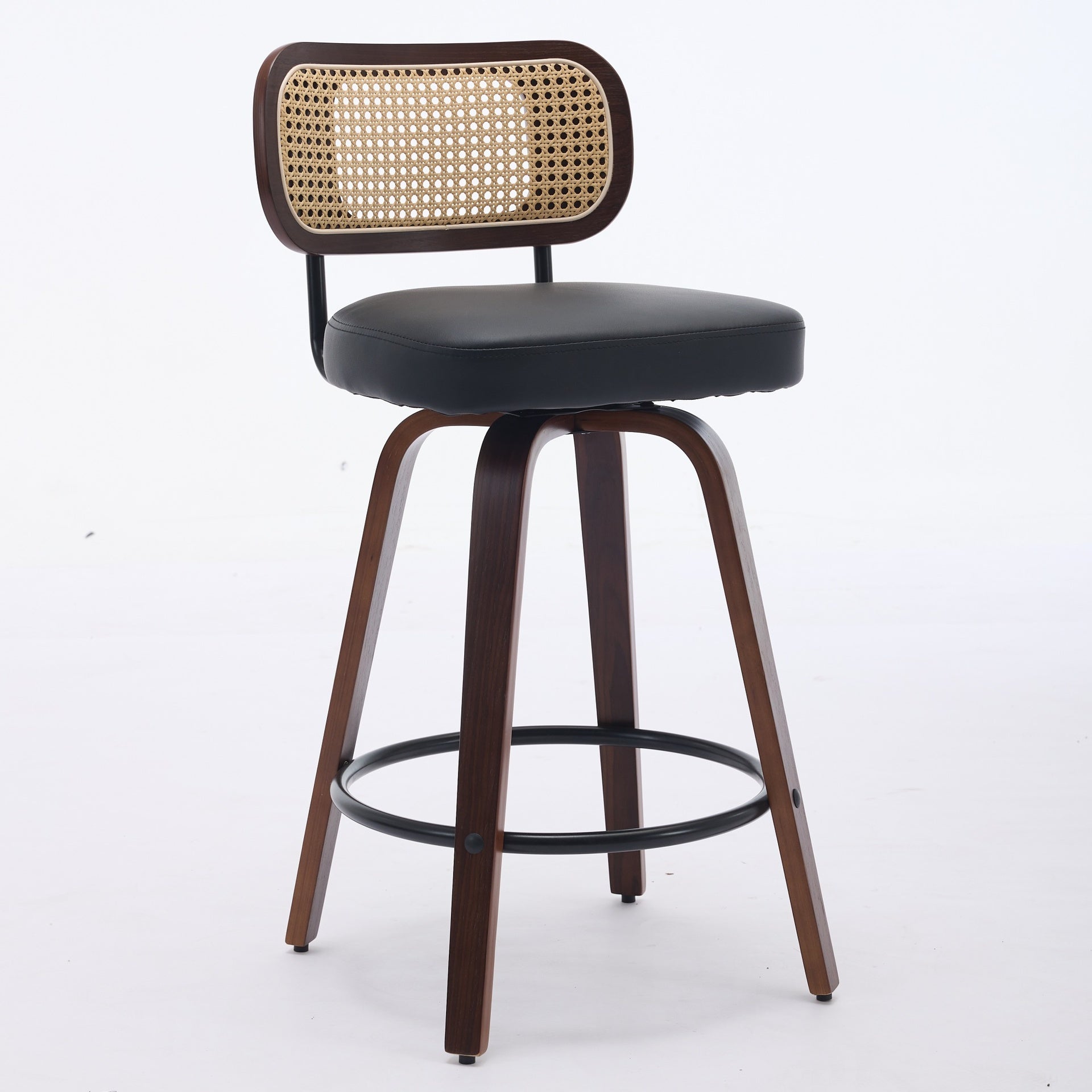 Set of 3 Counter Height Bar Stools - 26 inch Rattan Counter Height Stools with Cane Back, Upholstered Seat, Walnut Craftsmanship, Swivel Counter Stools for Island/Kitchen/Counter/Bar (Walnut /Black)