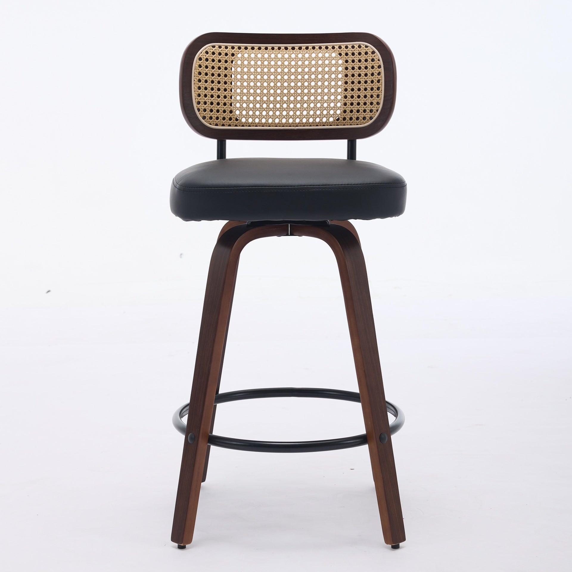 Set of 3 Counter Height Bar Stools - 26 inch Rattan Counter Height Stools with Cane Back, Upholstered Seat, Walnut Craftsmanship, Swivel Counter Stools for Island/Kitchen/Counter/Bar (Walnut /Black)