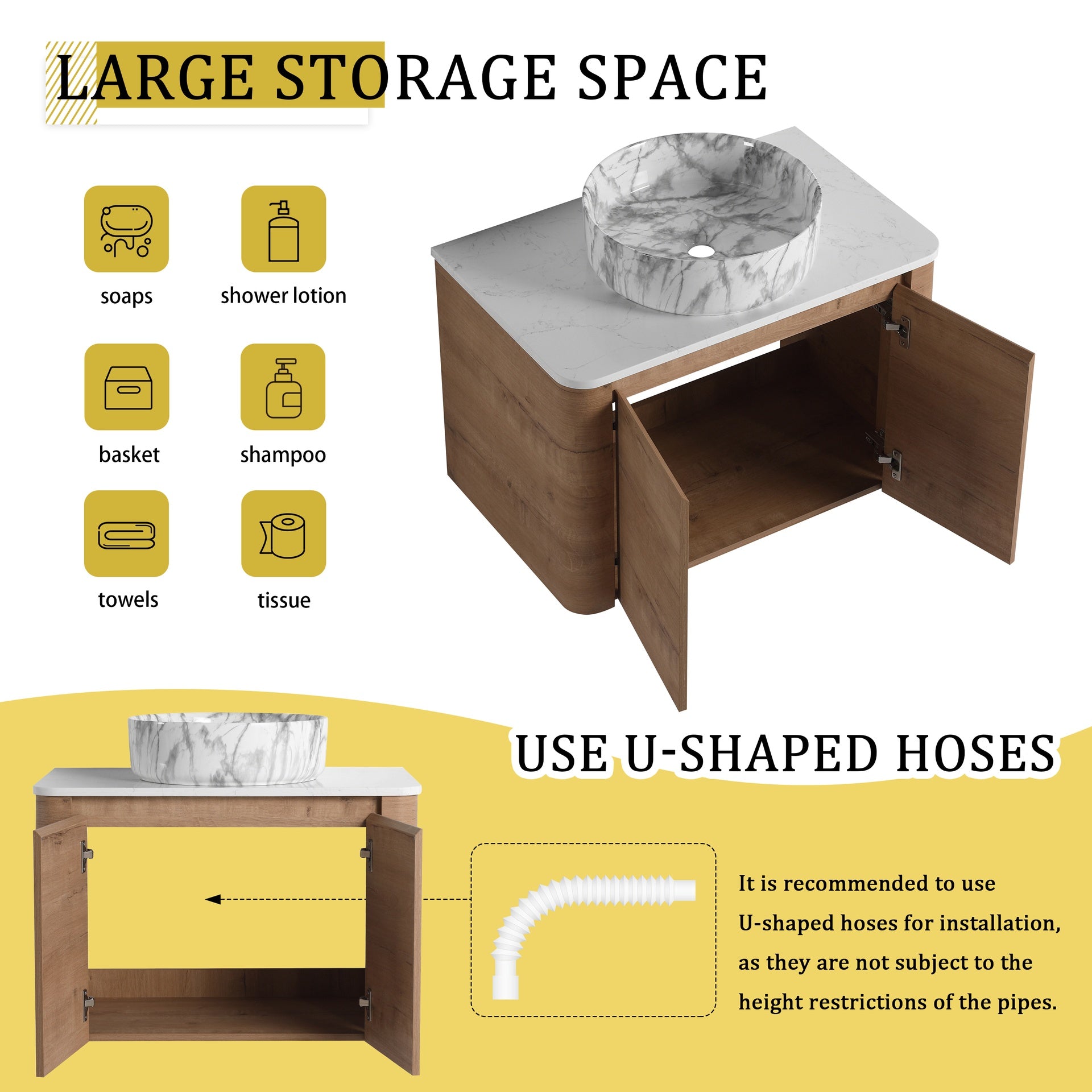 30'' Wall-Mounted Bathroom Vanity With Ceramic Art Sink & 2-Soft-Close Door, KD-Packing, Plywood
