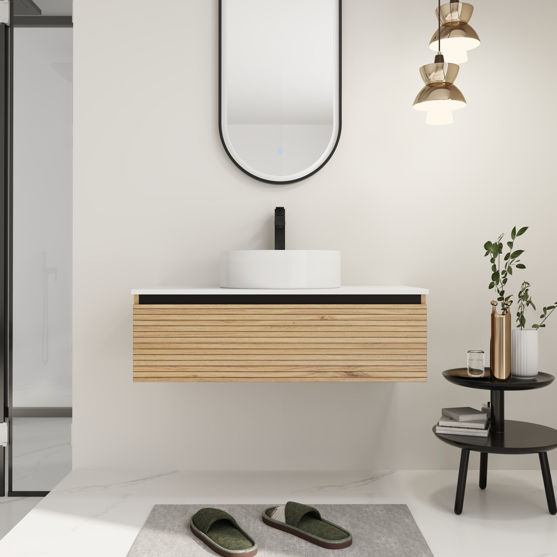 36'' Wall-Mounted Bathroom Vanity with White Art Ceramic Sink  & 1-Soft-Close Drawer (KD-Packing)