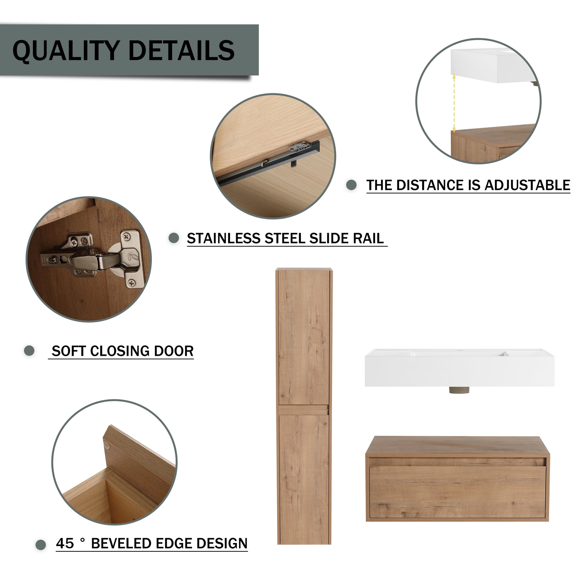 30 inch Wall-Mounted Bathroom  Vanity with Resin Sink and Side Cabinet,Soft Close Drawer (KD-Packing), 09430IMO-SC00112IMOx2 Combination Cabinet