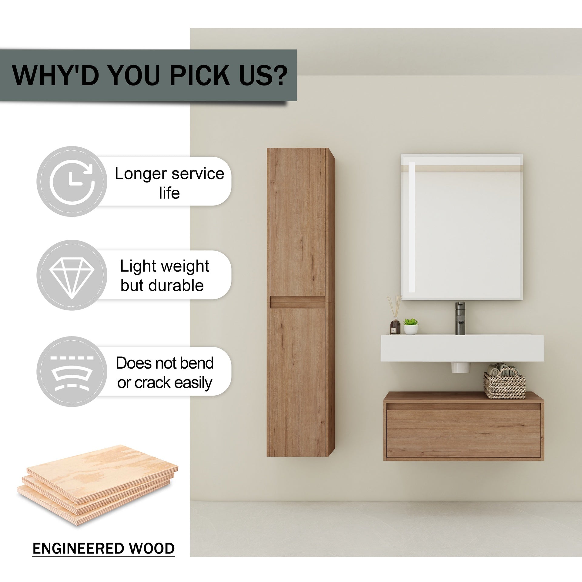 30 inch Wall-Mounted Bathroom  Vanity with Resin Sink and Side Cabinet,Soft Close Drawer (KD-Packing), 09430IMO-SC00112IMOx2 Combination Cabinet