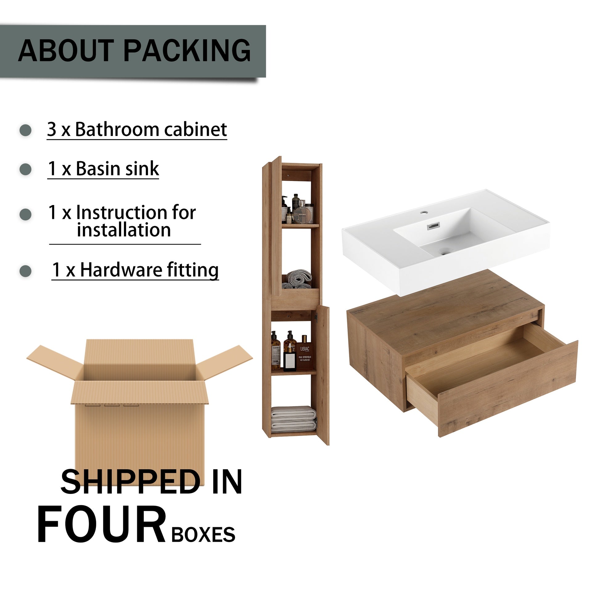 30 inch Wall-Mounted Bathroom  Vanity with Resin Sink and Side Cabinet,Soft Close Drawer (KD-Packing), 09430IMO-SC00112IMOx2 Combination Cabinet