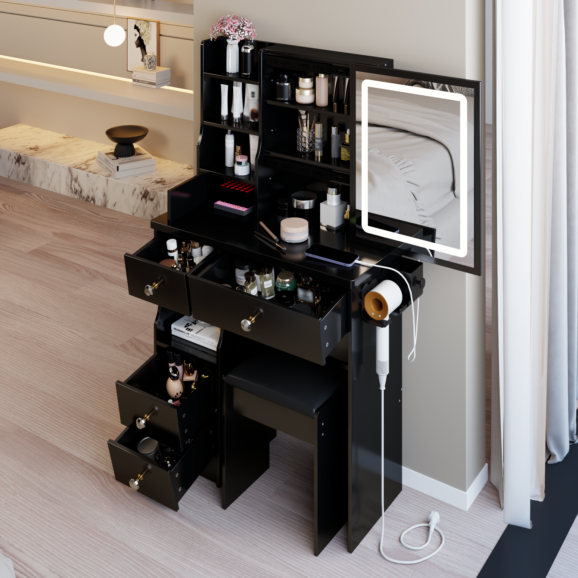 29.2 inch  Small Size Drawer Desktop Vanity Table + Cushioned Stool, 2 AC+2 USB Power Station, Hair dryer bracket, Extra Large Touch Control Sliding LED Mirror, 3-color Switching, EPA, GCC, UL Certificate