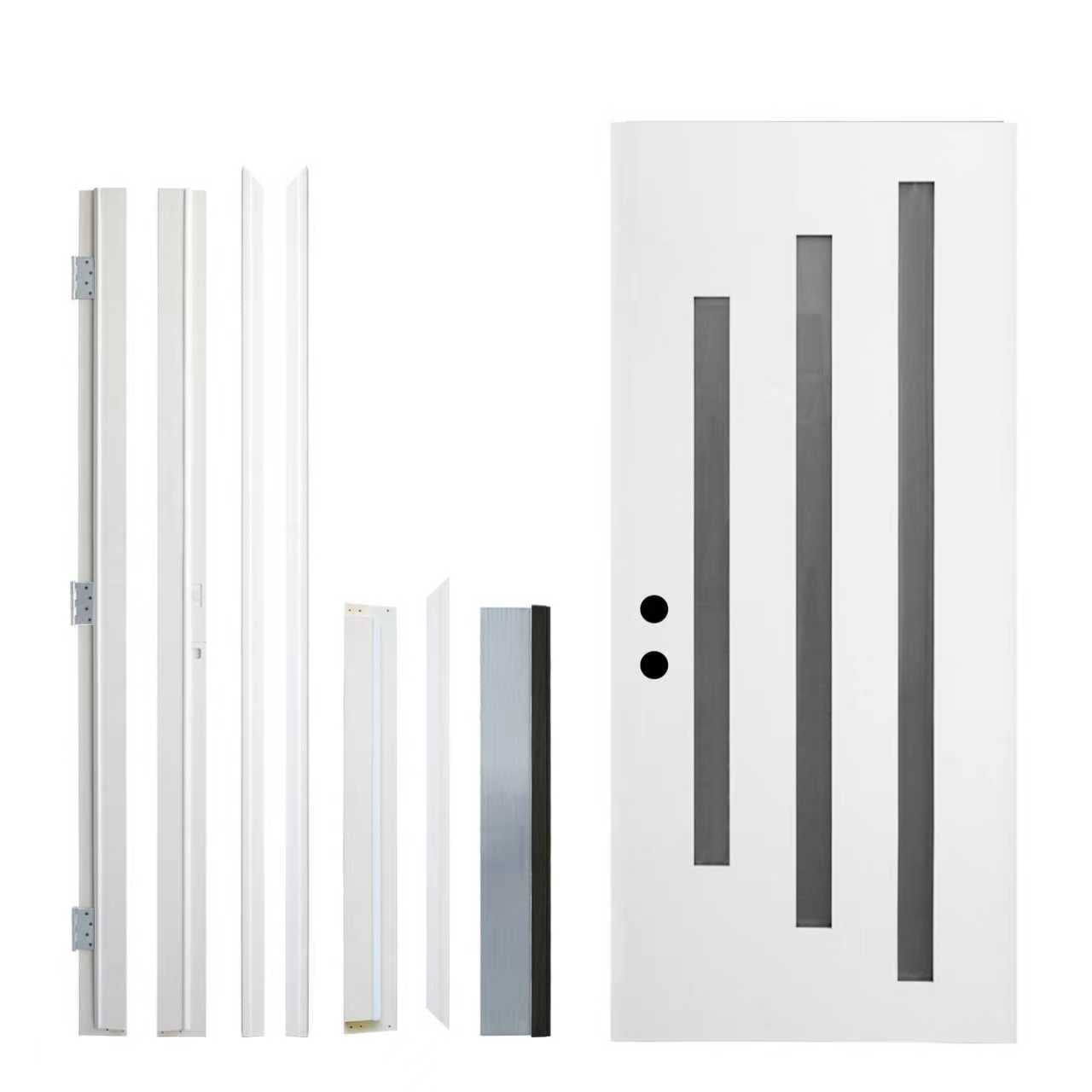 36 x 80 Brush Finished Fiberglass Entry Door with Brickmould,3 Lite Frosted Glass - Modern Style for Home's Front Entrance, 4-9/16 White Vinyl Frame, Right Hand Inswing,White Knock-Down Door