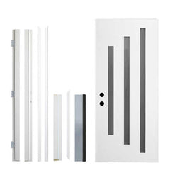 36 x 80 Brush Finished Fiberglass Entry Door with Brickmould,3 Lite Frosted Glass - Modern Style for Home's Front Entrance, 4-9/16 White Vinyl Frame, Right Hand Inswing,White Knock-Down Door