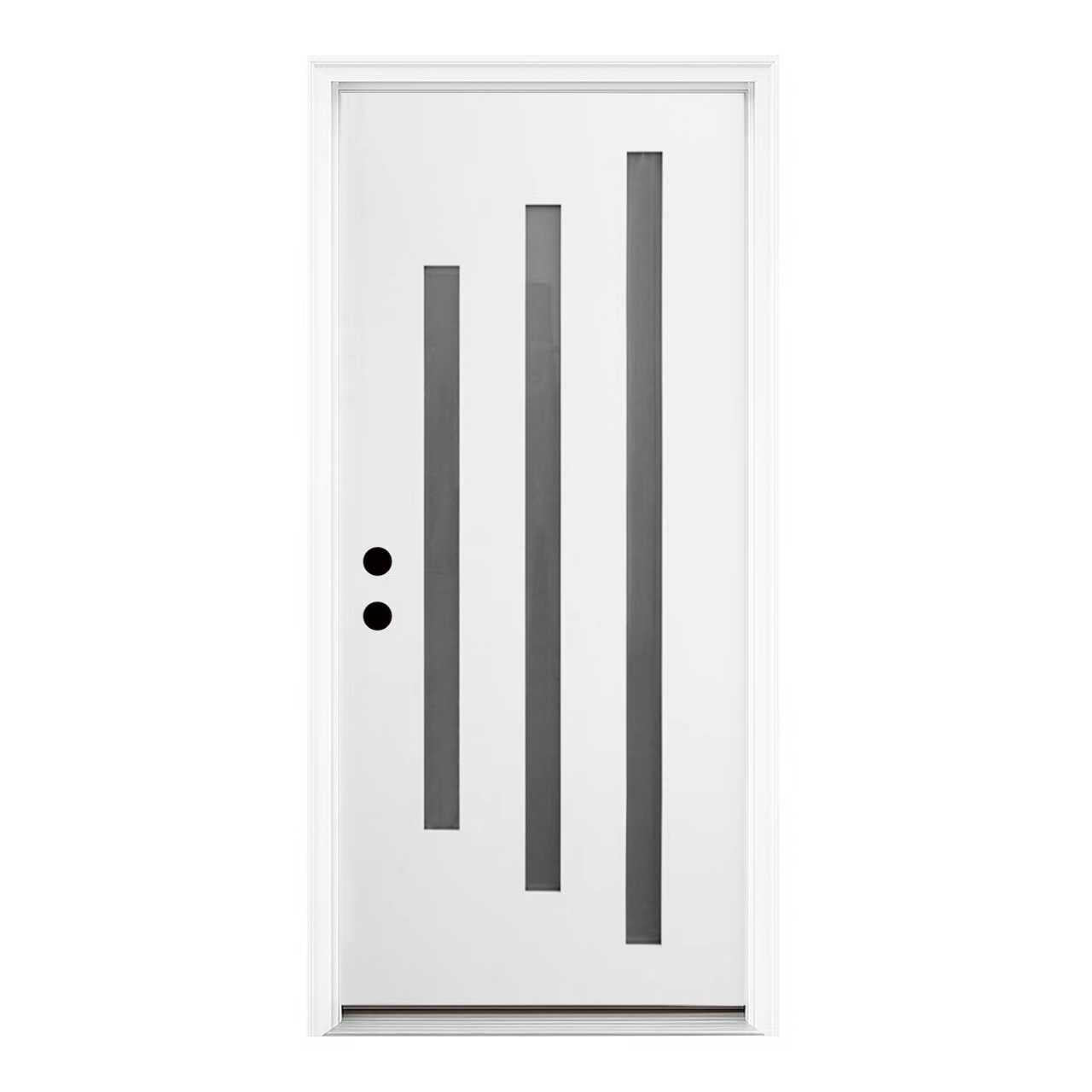 36 x 80 Brush Finished Fiberglass Entry Door with Brickmould,3 Lite Frosted Glass - Modern Style for Home's Front Entrance, 4-9/16 White Vinyl Frame, Right Hand Inswing,White Knock-Down Door