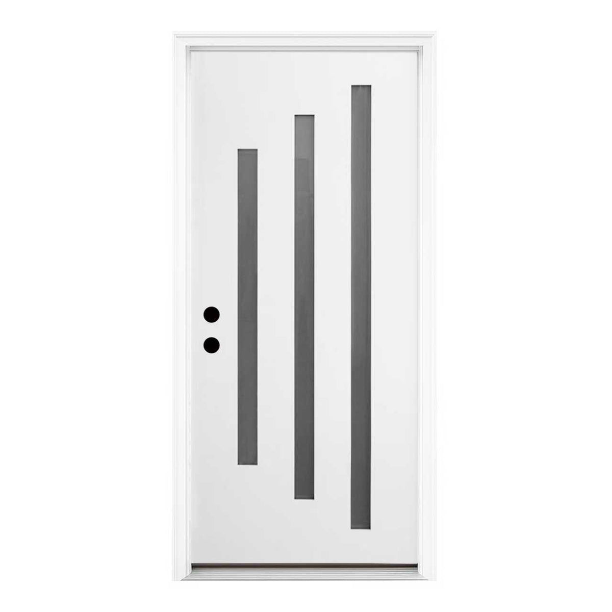 36 x 80 Brush Finished Fiberglass Entry Door with Brickmould,3 Lite Frosted Glass - Modern Style for Home's Front Entrance, 4-9/16 White Vinyl Frame, Right Hand Inswing,White Knock-Down Door