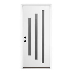 36 x 80 Brush Finished Fiberglass Entry Door with Brickmould,3 Lite Frosted Glass - Modern Style for Home's Front Entrance, 4-9/16 White Vinyl Frame, Right Hand Inswing,White Knock-Down Door