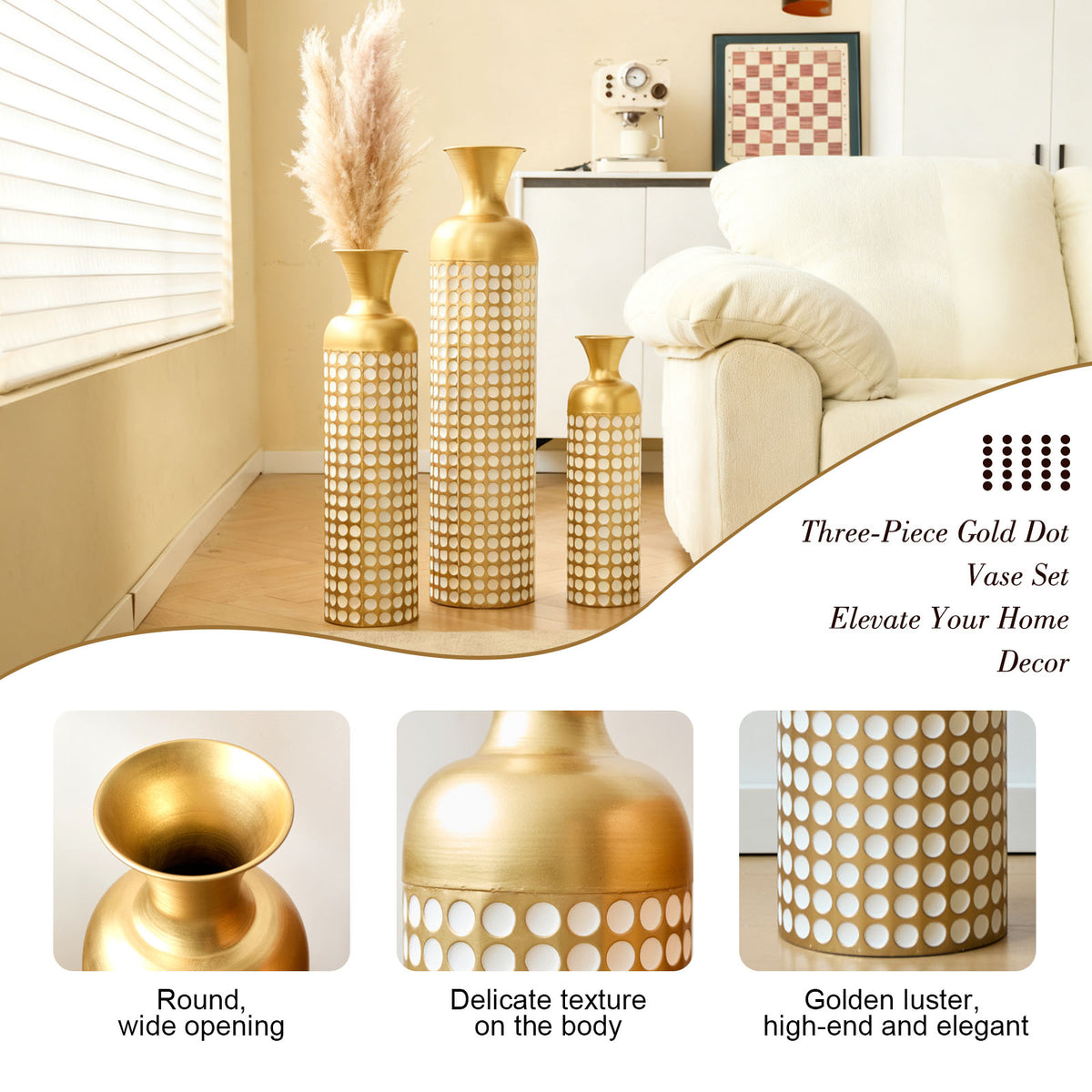 Metal Decorative Vases, Set of 3, Golden Modern Floor Vases for Home Decor, Tall Flower Vases for Living Room, Office & Wedding Decor (32.68, 25.98, 19.69 Inch)