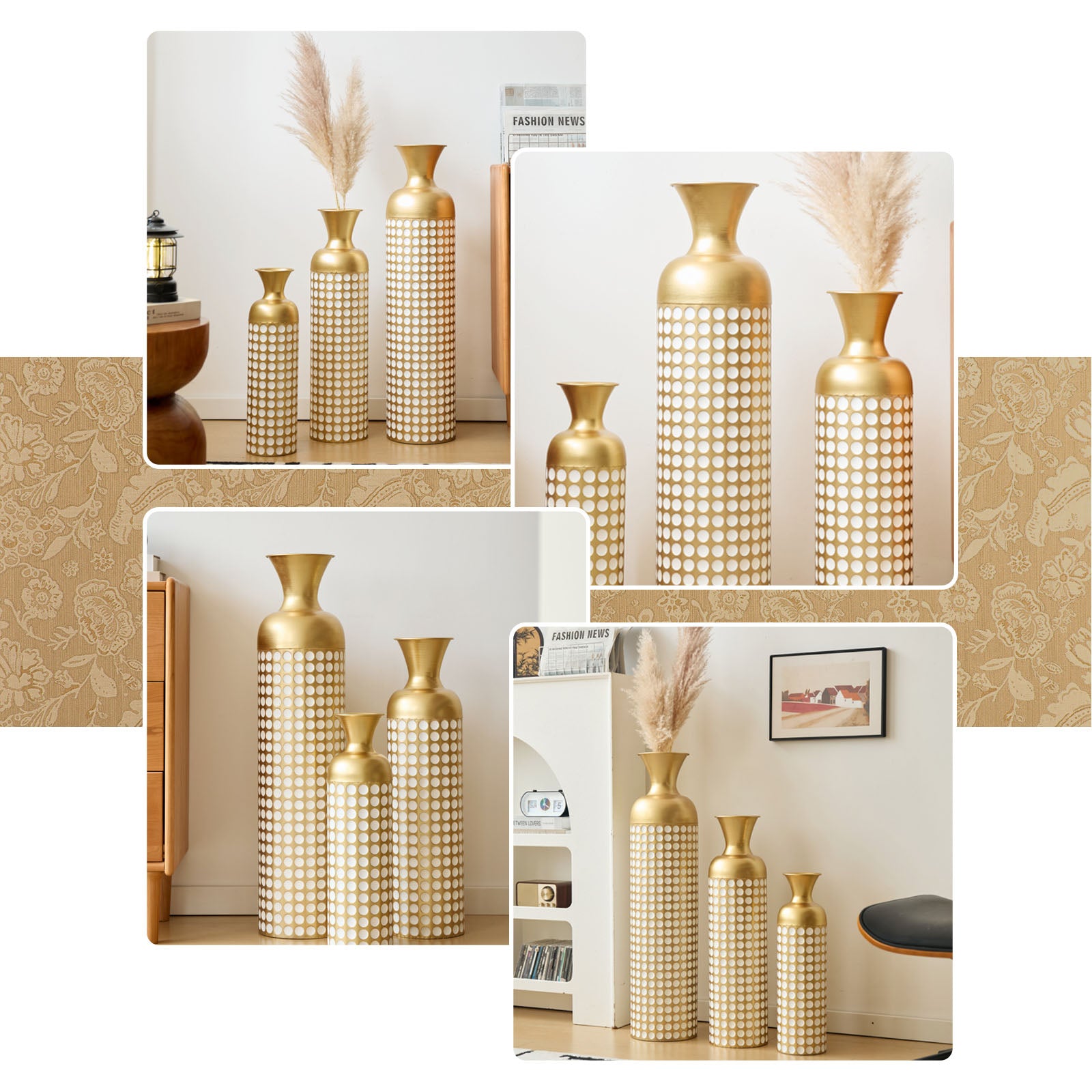 Metal Decorative Vases, Set of 3, Golden Modern Floor Vases for Home Decor, Tall Flower Vases for Living Room, Office & Wedding Decor (32.68, 25.98, 19.69 Inch)
