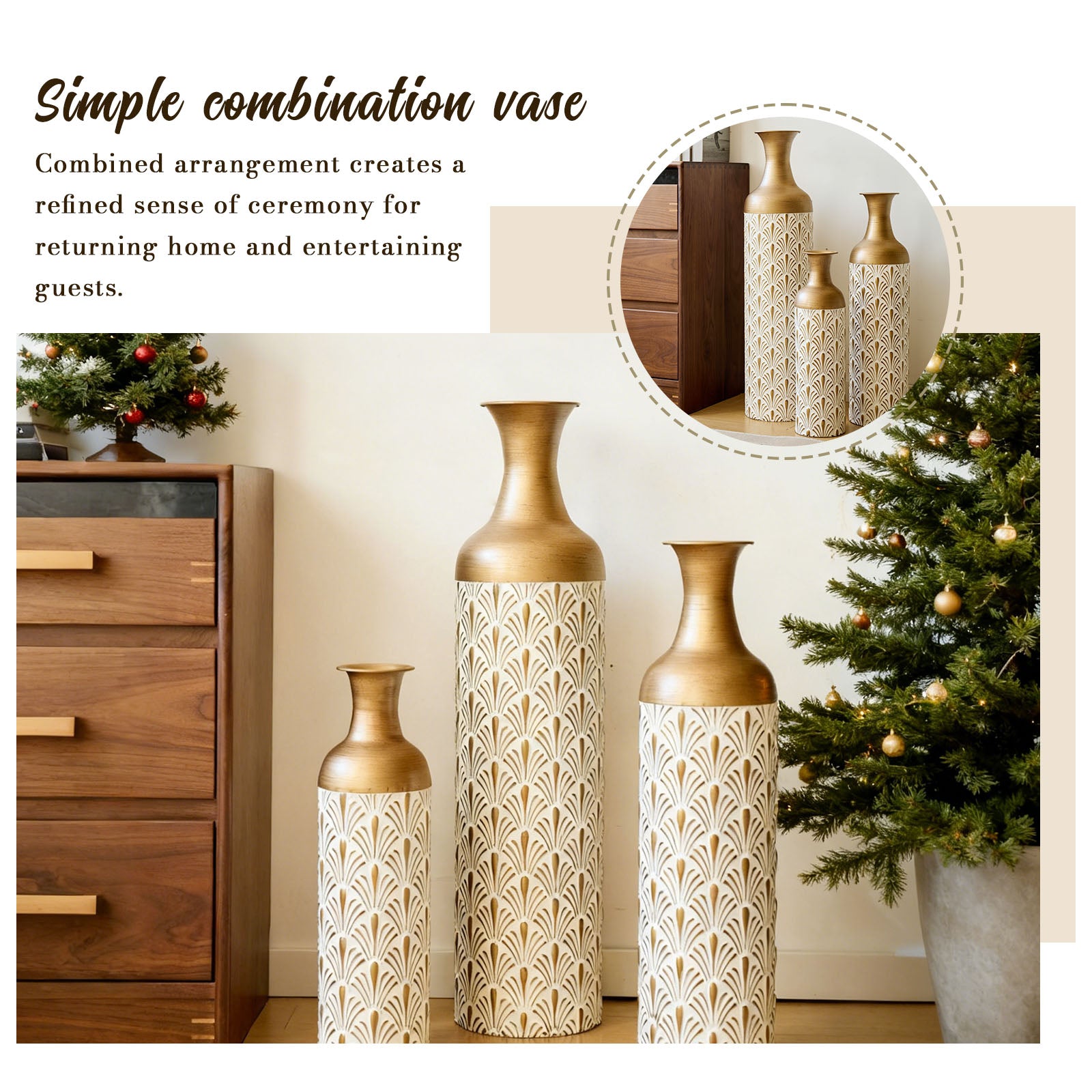 Decorative Metal Vases, Set of 3, White and Gold Floor Vases with Fan Pattern for Home Decor, Tall Flower Vases for Living Room (32.68, 25.98, 19.69 Inch)