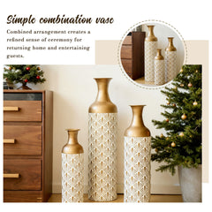 Decorative Metal Vases, Set of 3, White and Gold Floor Vases with Fan Pattern for Home Decor, Tall Flower Vases for Living Room (32.68, 25.98, 19.69 Inch)