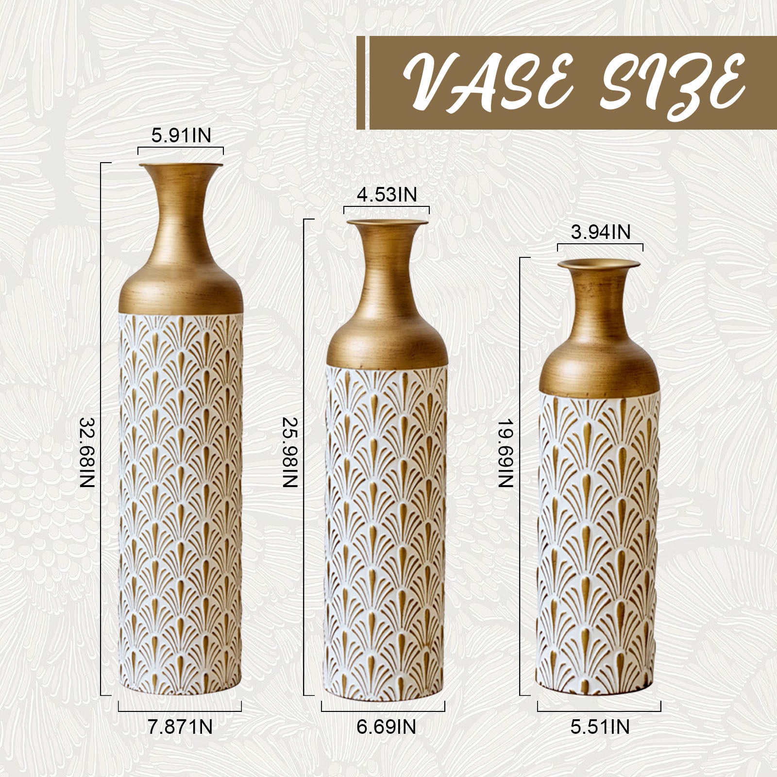 Decorative Metal Vases, Set of 3, White and Gold Floor Vases with Fan Pattern for Home Decor, Tall Flower Vases for Living Room (32.68, 25.98, 19.69 Inch)