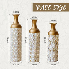 Decorative Metal Vases, Set of 3, White and Gold Floor Vases with Fan Pattern for Home Decor, Tall Flower Vases for Living Room (32.68, 25.98, 19.69 Inch)