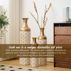 Decorative Metal Vases, Set of 3, White and Gold Floor Vases with Fan Pattern for Home Decor, Tall Flower Vases for Living Room (32.68, 25.98, 19.69 Inch)