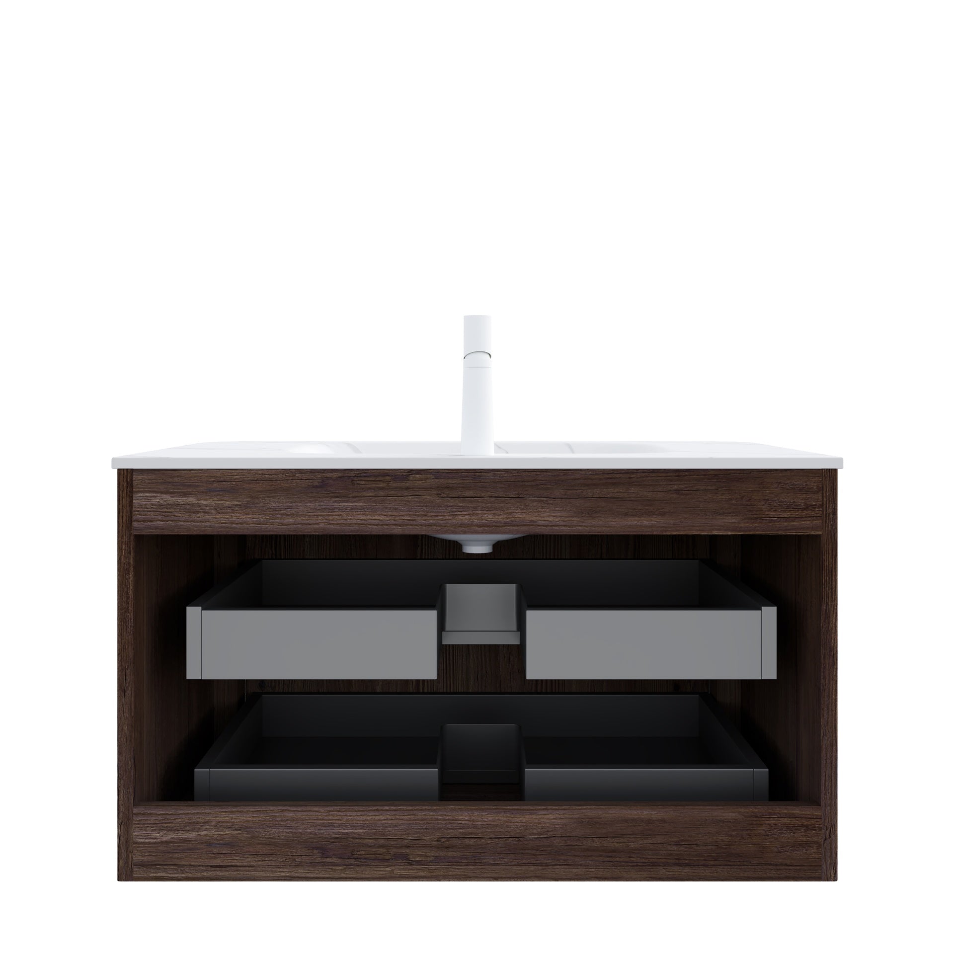 NOOR 36" Bathroom Vanity&Sink, Floating Stripe Plywood Storage Cabinet with 2 Drawers, Carrara White Sintered Stone Hot-bent Integrated Rectangle Basin, Pre-assembled, Retro Walnut Woodgrain Color