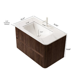 NOOR 36" Bathroom Vanity&Sink, Floating Stripe Plywood Storage Cabinet with 2 Drawers, Carrara White Sintered Stone Hot-bent Integrated Rectangle Basin, Pre-assembled, Retro Walnut Woodgrain Color